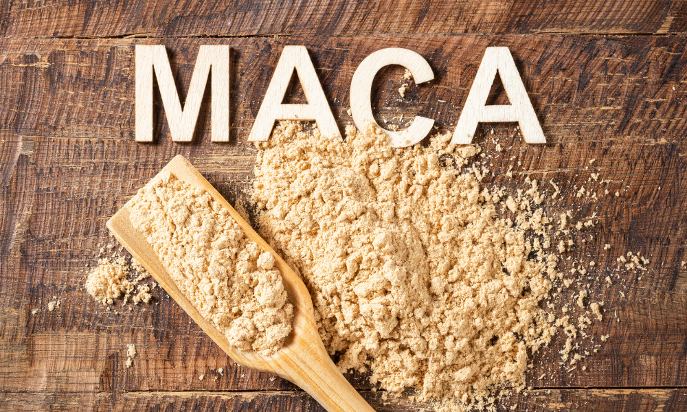 Maca Powder on Table with Scooper. Maca block letters.